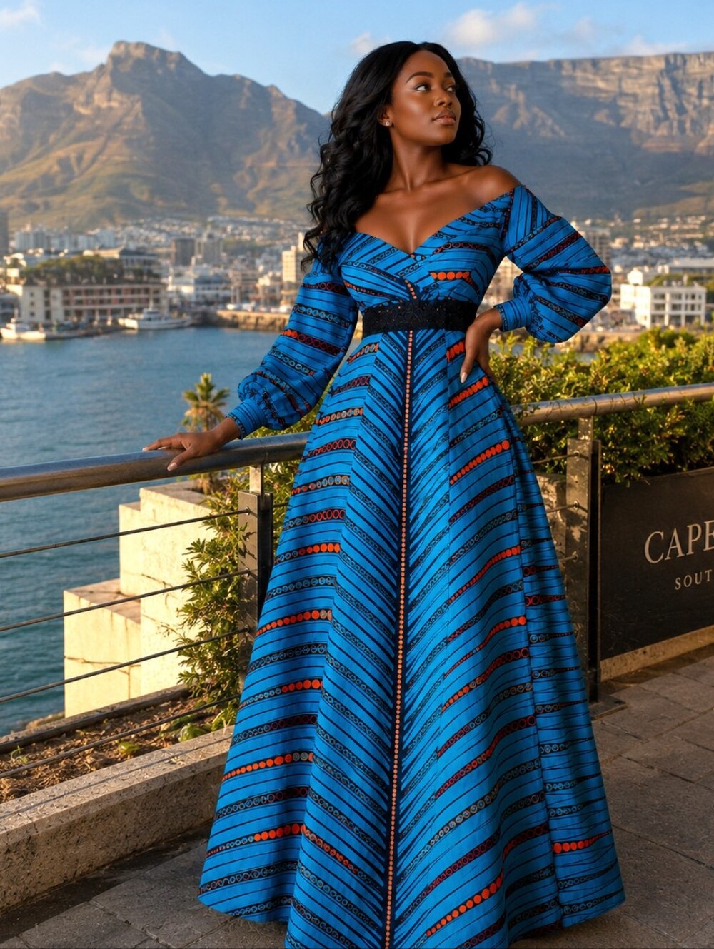 African Print Ankara Off Shoulder Maxi Dress Geometric Large